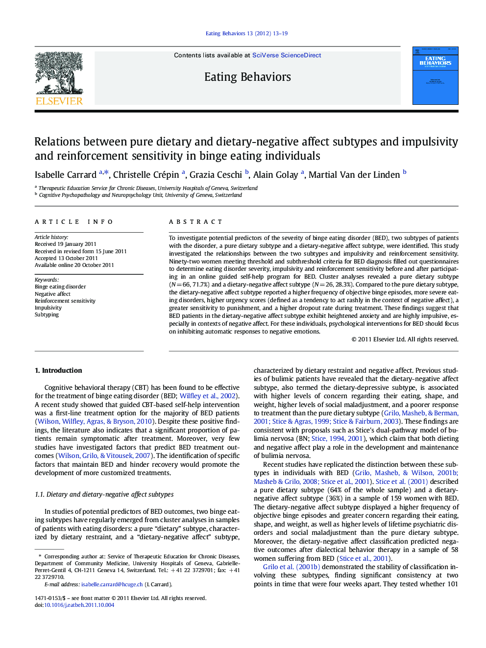 Relations between pure dietary and dietary-negative affect subtypes and impulsivity and reinforcement sensitivity in binge eating individuals