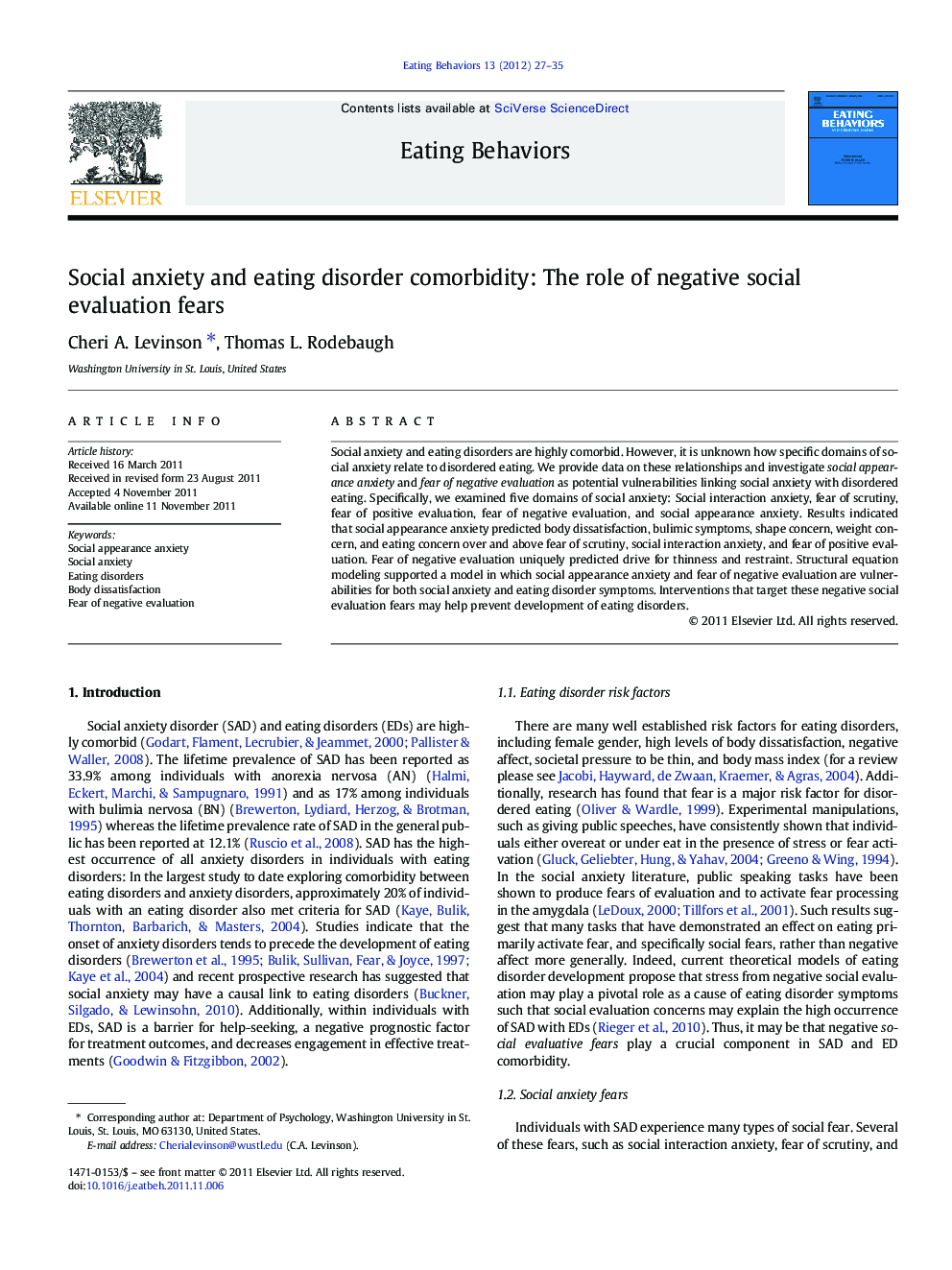 Social anxiety and eating disorder comorbidity: The role of negative social evaluation fears