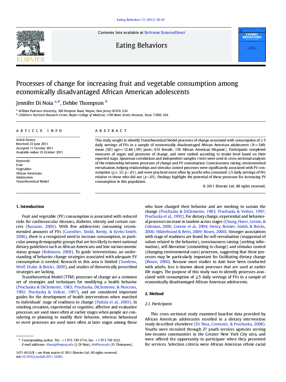 Processes of change for increasing fruit and vegetable consumption among economically disadvantaged African American adolescents