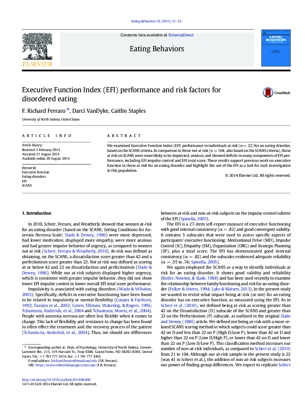 Executive Function Index (EFI) performance and risk factors for disordered eating