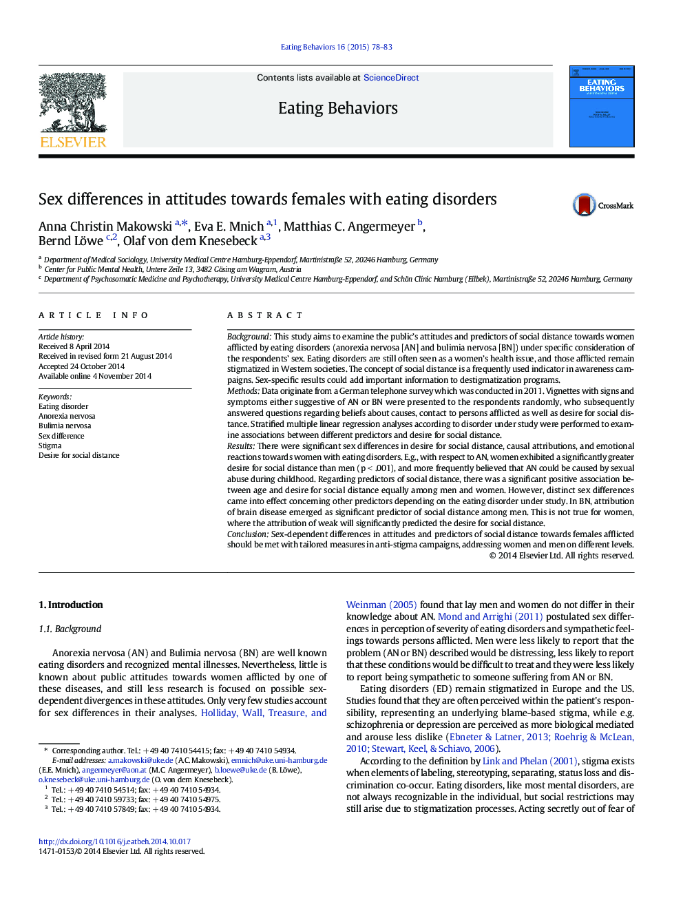 Sex differences in attitudes towards females with eating disorders