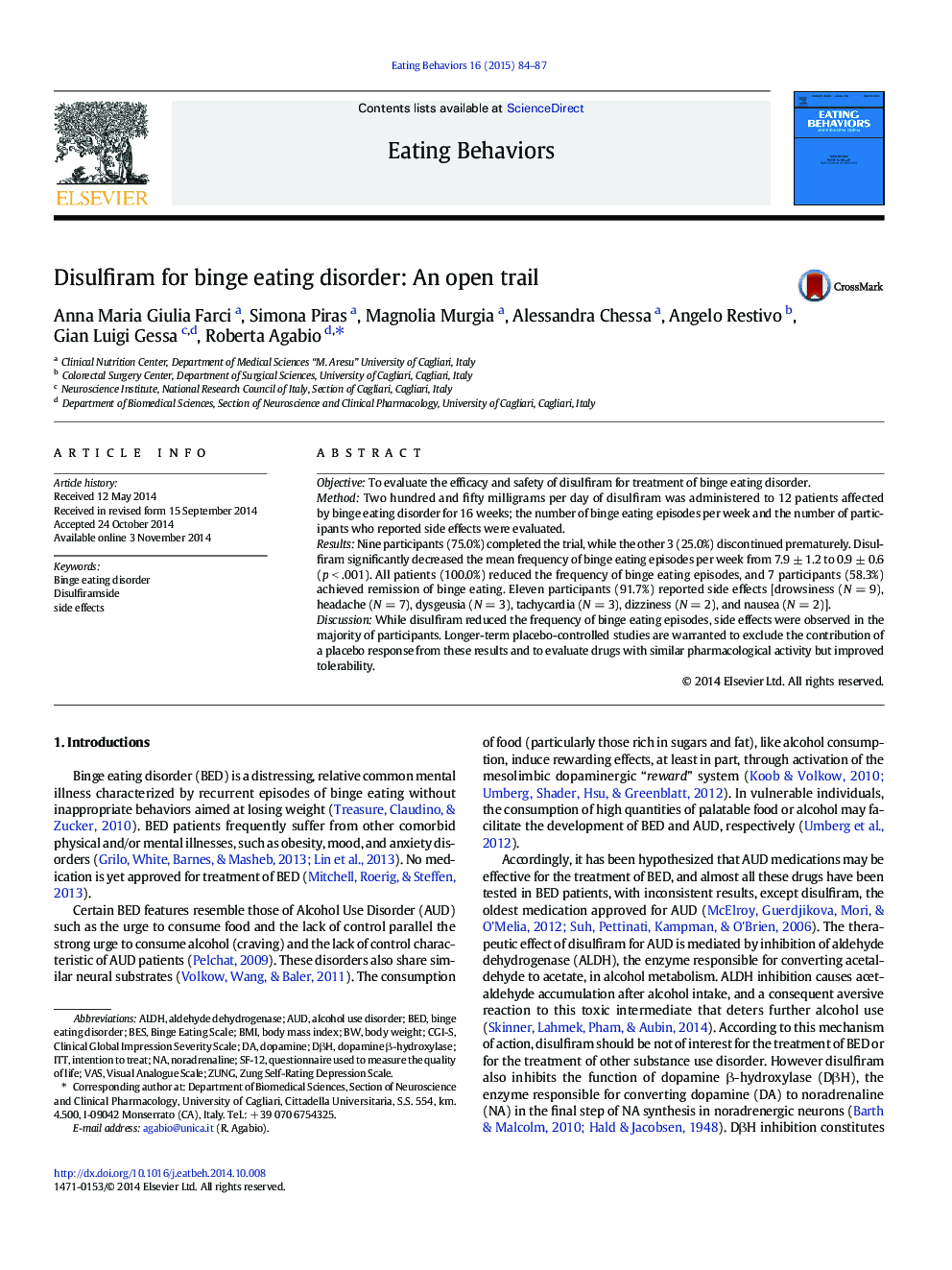 Disulfiram for binge eating disorder: An open trail