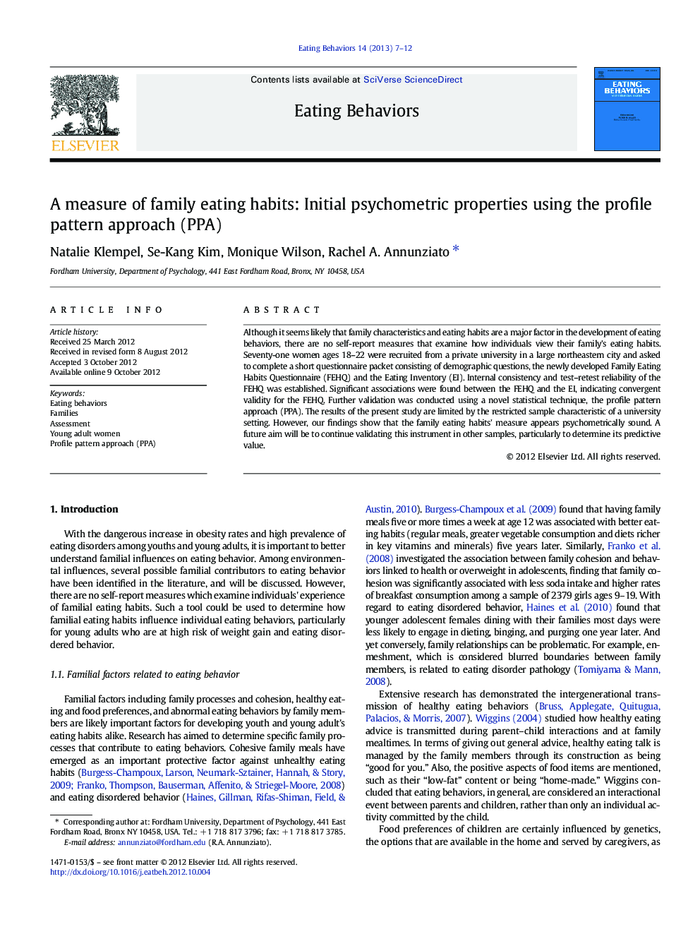 A measure of family eating habits: Initial psychometric properties using the profile pattern approach (PPA)