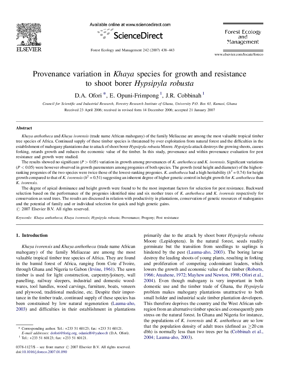 Provenance variation in Khaya species for growth and resistance to shoot borer Hypsipyla robusta