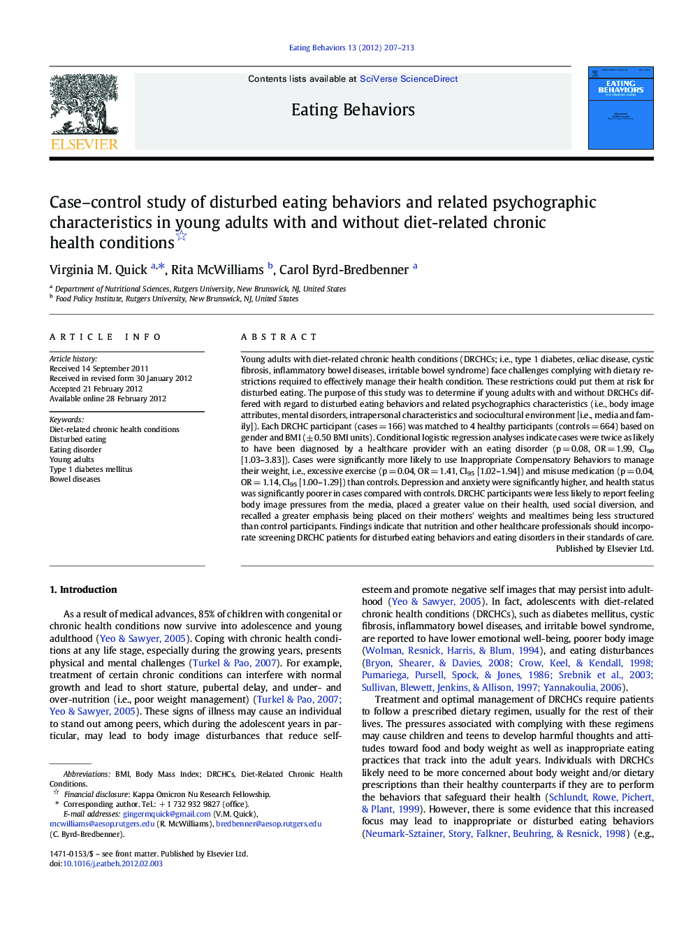 عکس صفحه اول مقاله: Case–control study of disturbed eating behaviors and related psychographic characteristics in young adults with and without diet-related chronic health conditions Case–control study of disturbed eating behaviors and related psychographic characteristics in young adults with and without diet-related chronic health conditions