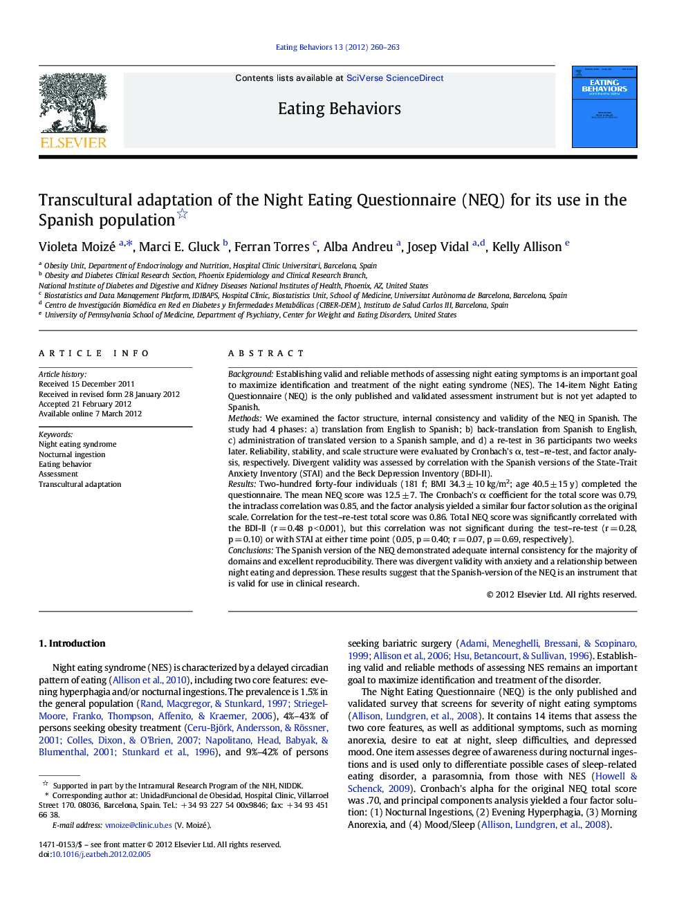 Transcultural adaptation of the Night Eating Questionnaire (NEQ) for its use in the Spanish population 