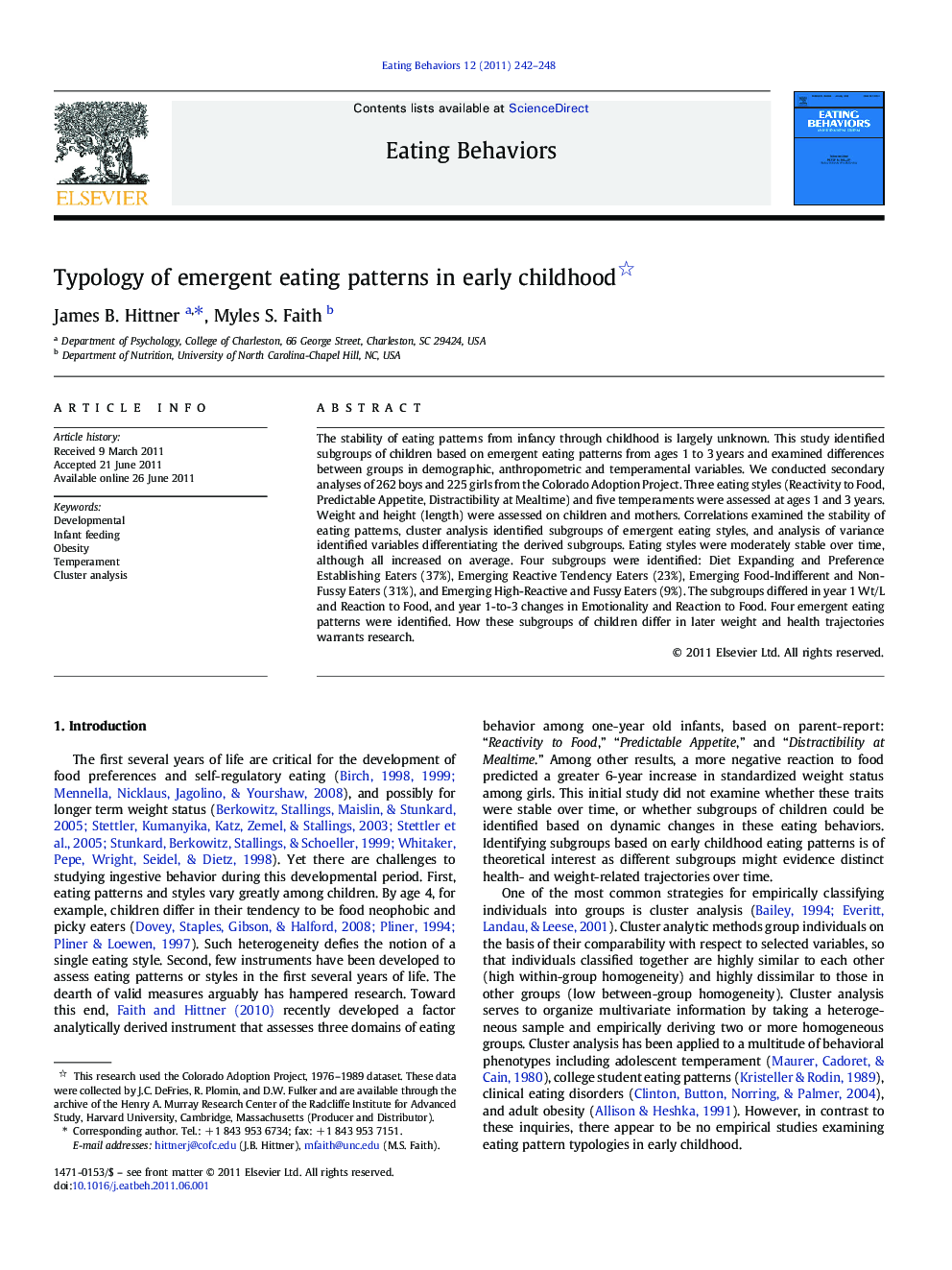 Typology of emergent eating patterns in early childhood 