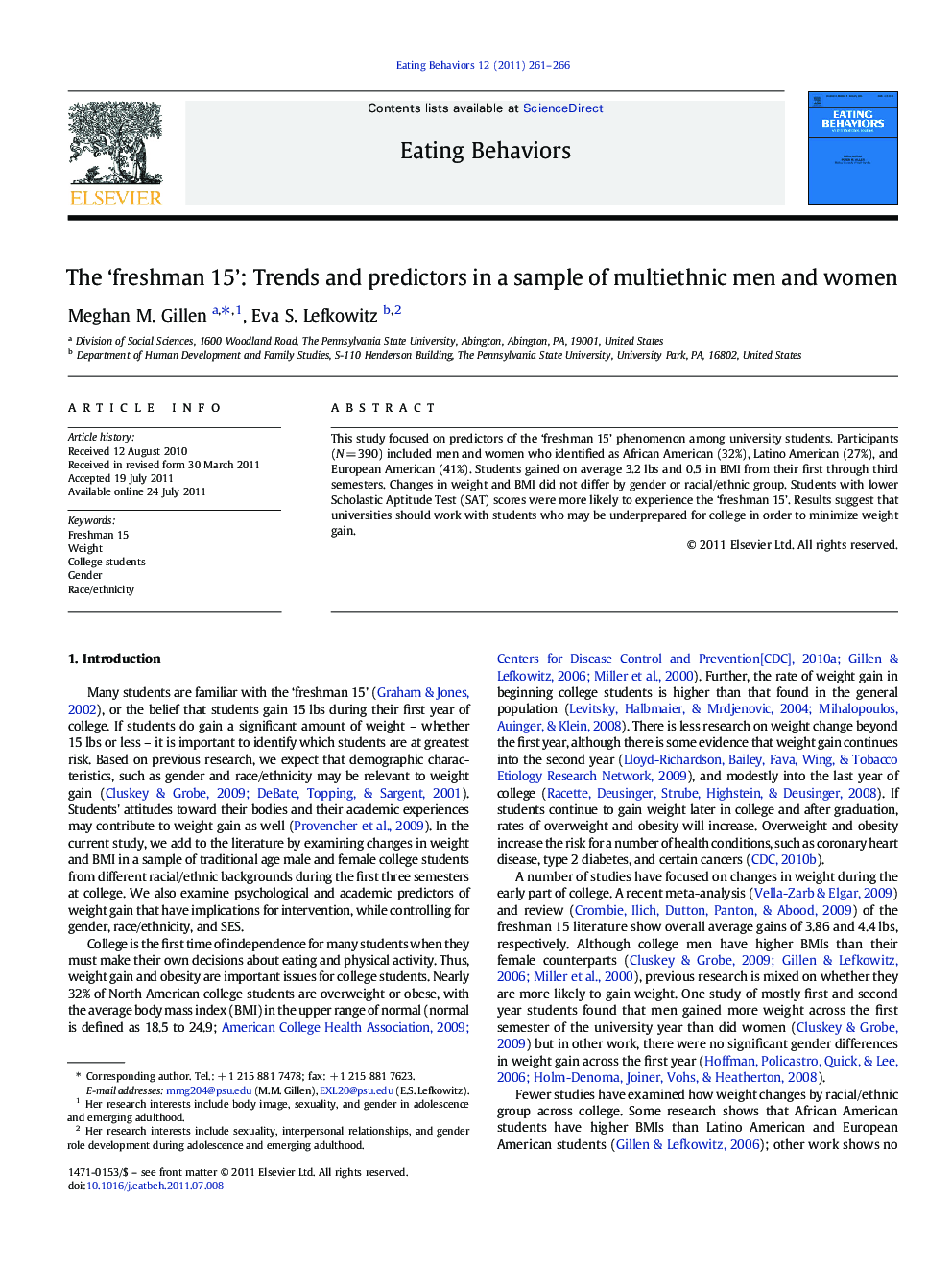 The ‘freshman 15’: Trends and predictors in a sample of multiethnic men and women