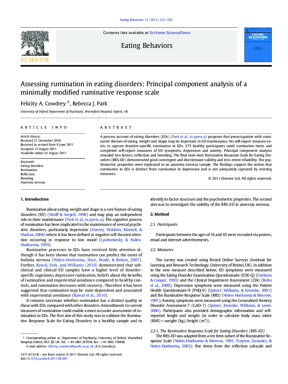 Assessing rumination in eating disorders: Principal component analysis of a minimally modified ruminative response scale