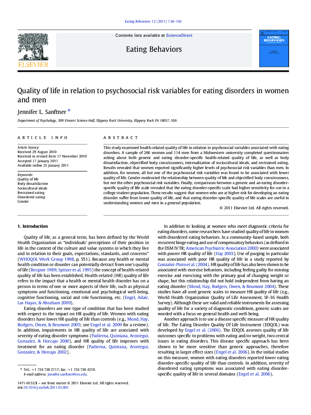 Quality of life in relation to psychosocial risk variables for eating disorders in women and men