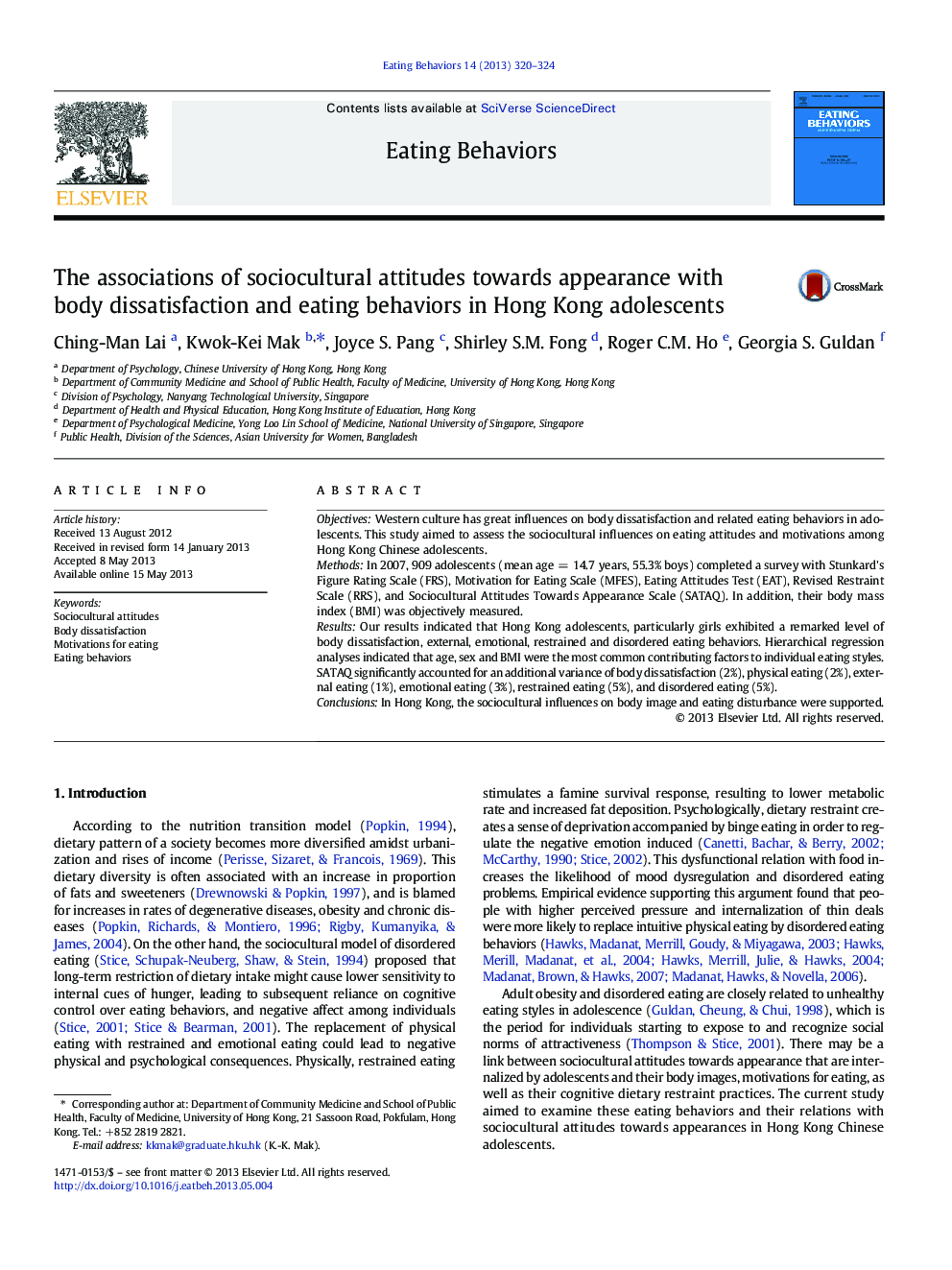 The associations of sociocultural attitudes towards appearance with body dissatisfaction and eating behaviors in Hong Kong adolescents