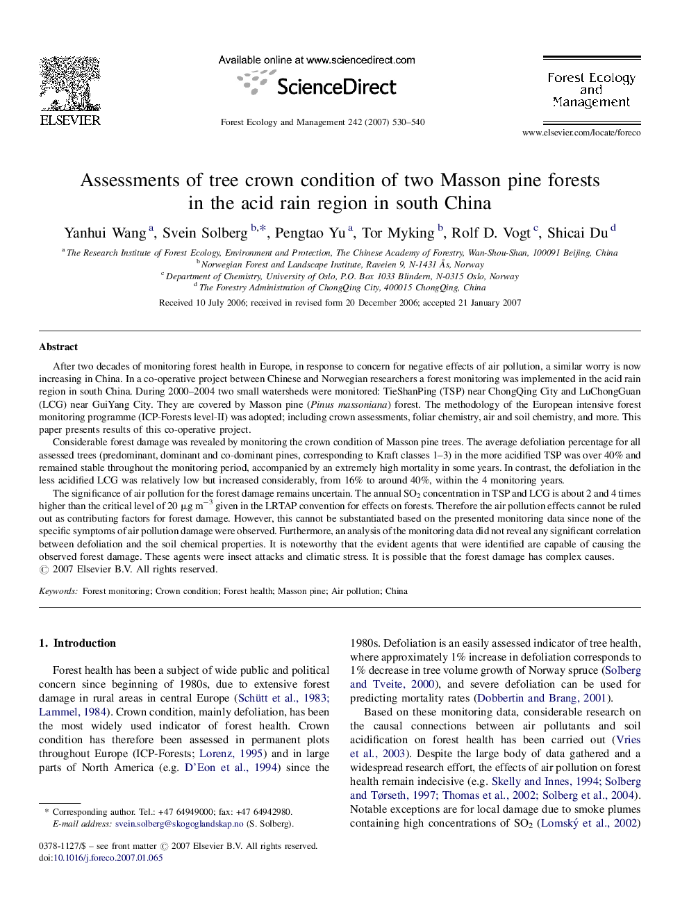 Assessments of tree crown condition of two Masson pine forests in the acid rain region in south China