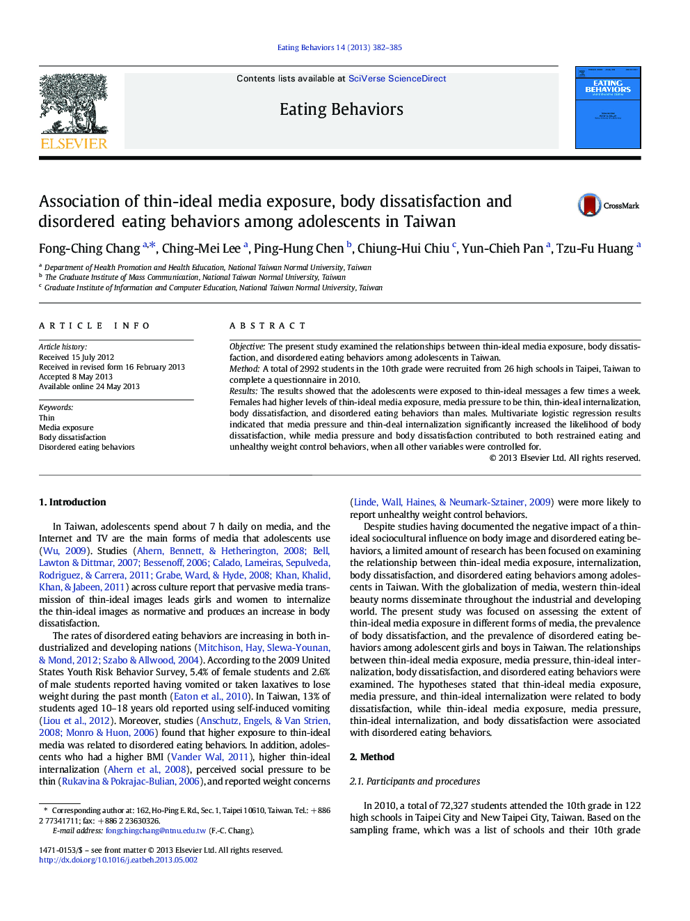 Association of thin-ideal media exposure, body dissatisfaction and disordered eating behaviors among adolescents in Taiwan