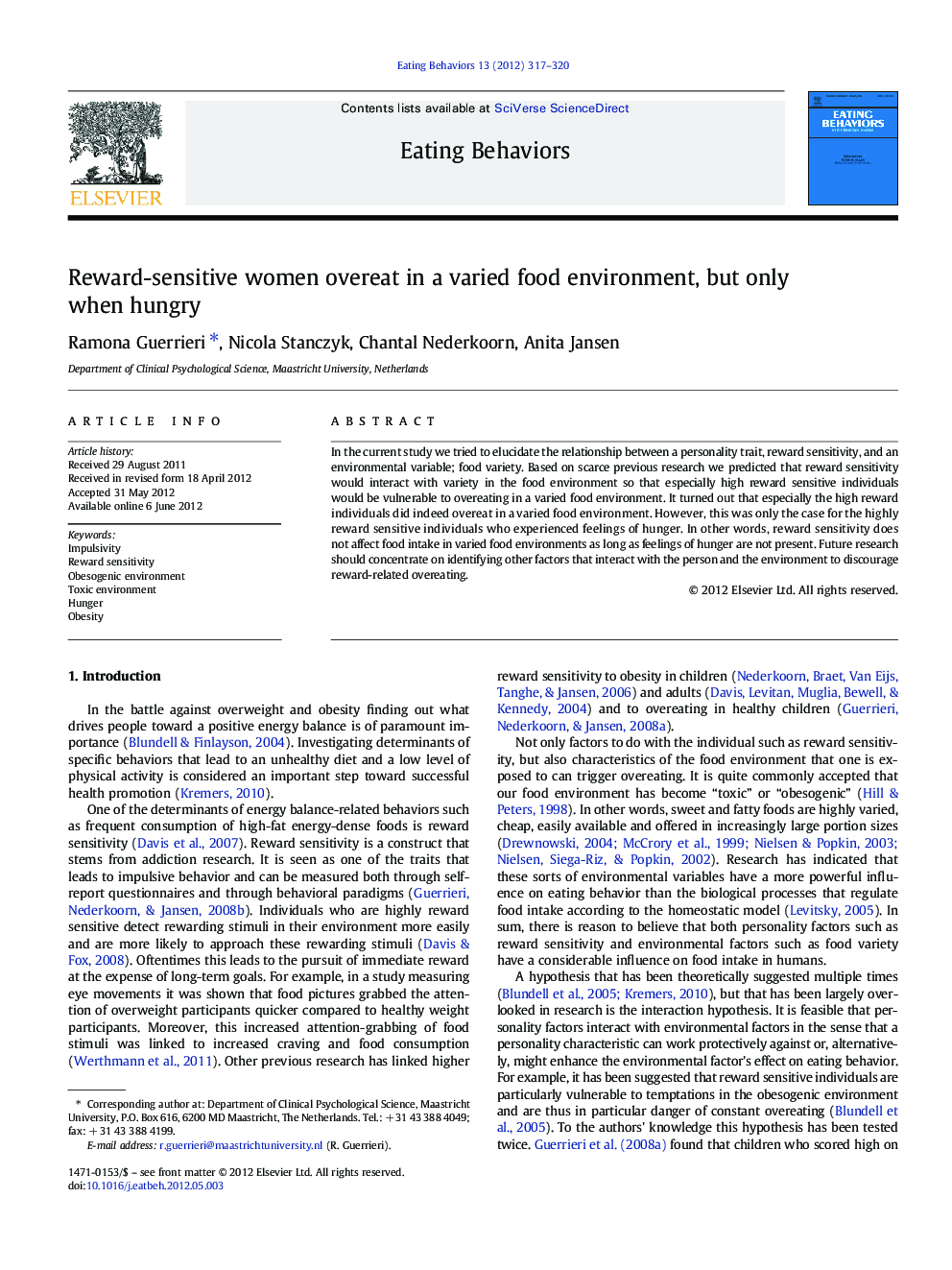 Reward-sensitive women overeat in a varied food environment, but only when hungry