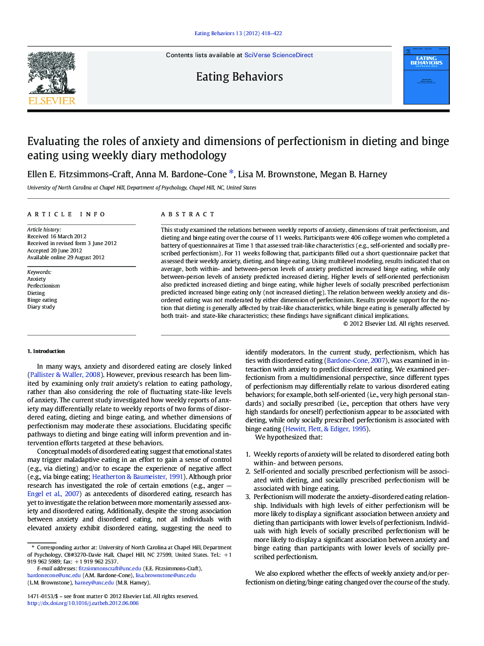 Evaluating the roles of anxiety and dimensions of perfectionism in dieting and binge eating using weekly diary methodology