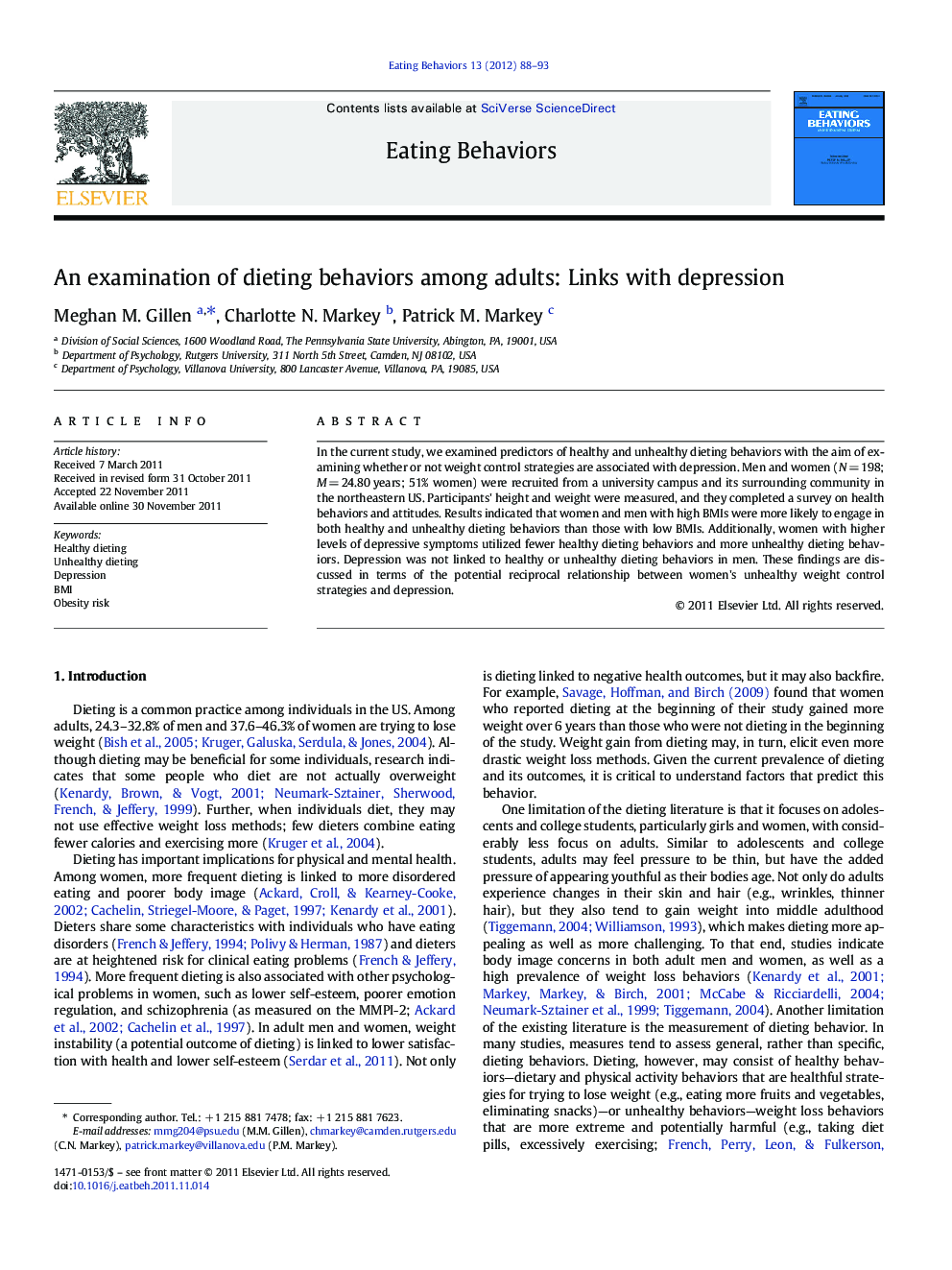 An examination of dieting behaviors among adults: Links with depression