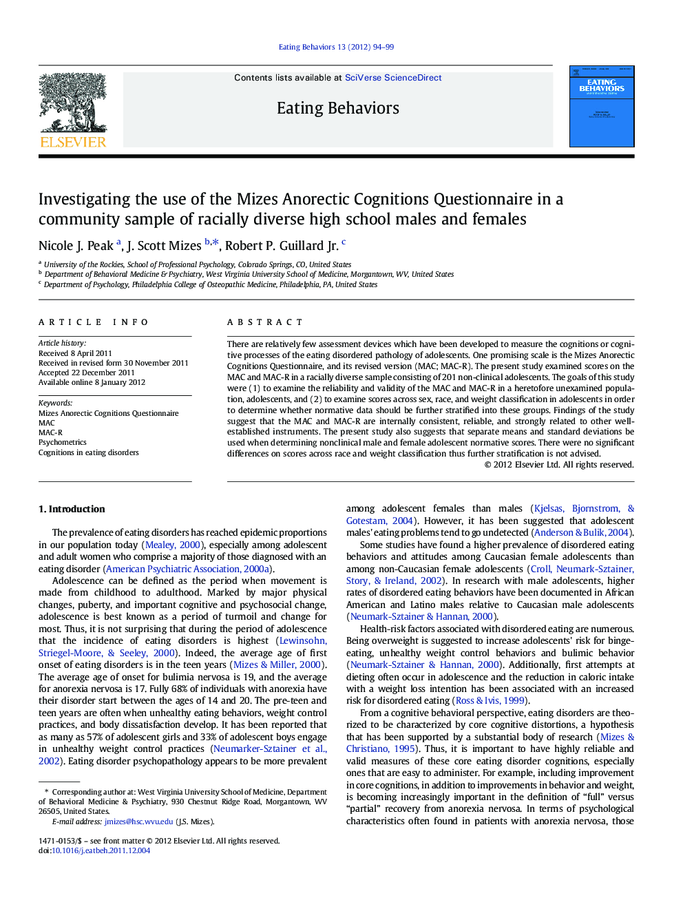 Investigating the use of the Mizes Anorectic Cognitions Questionnaire in a community sample of racially diverse high school males and females