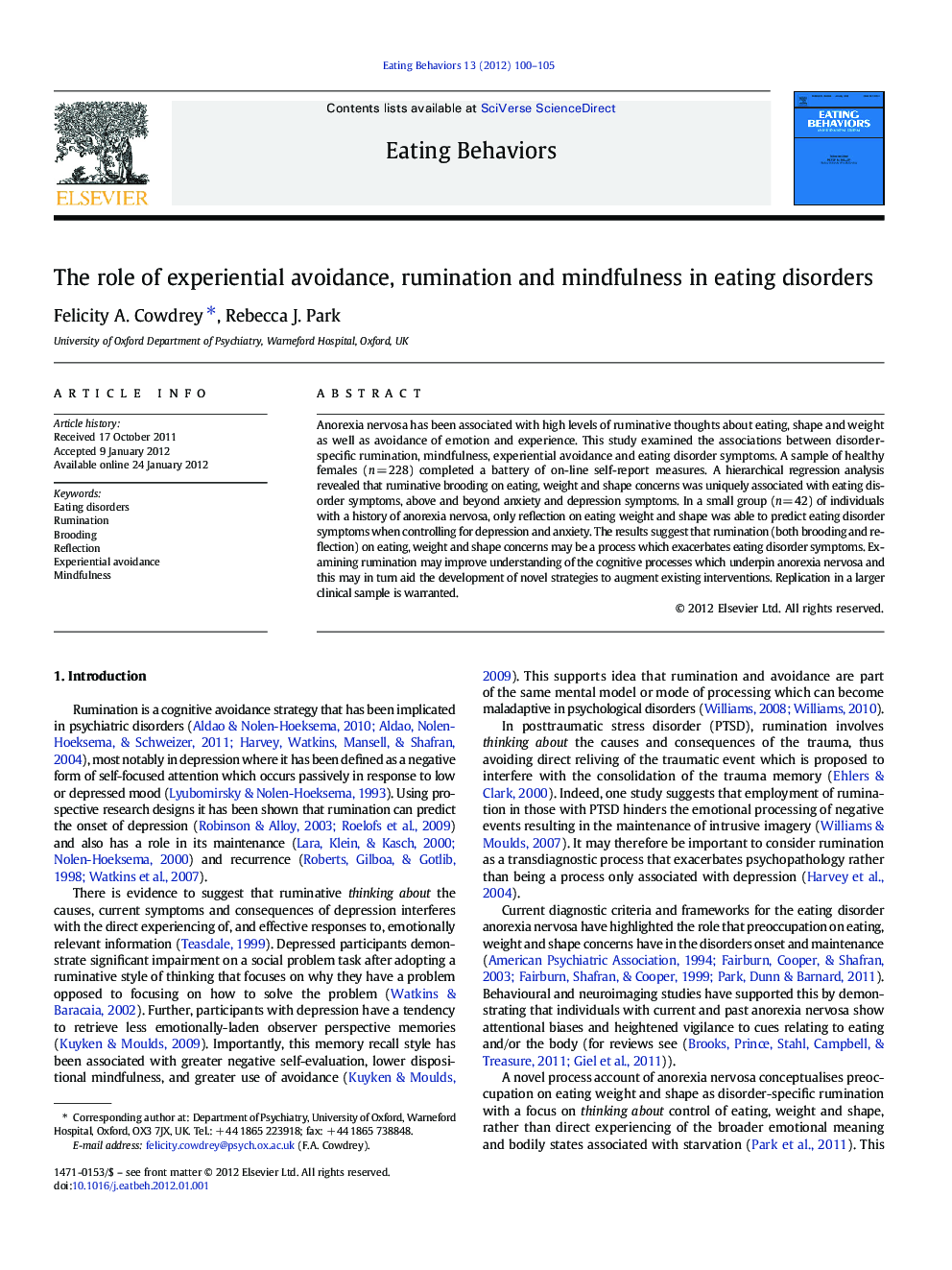 The role of experiential avoidance, rumination and mindfulness in eating disorders