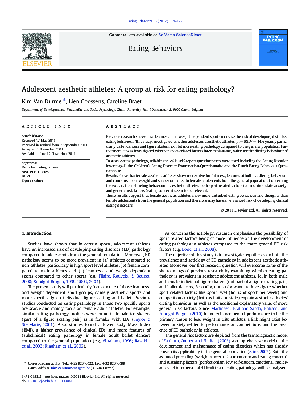 Adolescent aesthetic athletes: A group at risk for eating pathology?