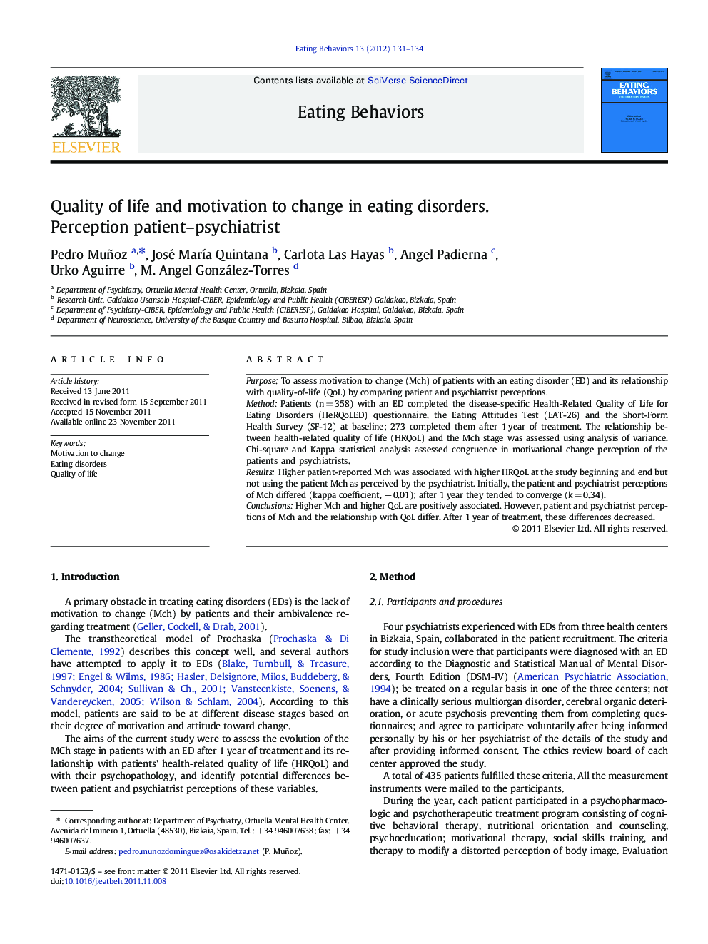 Quality of life and motivation to change in eating disorders. Perception patient–psychiatrist