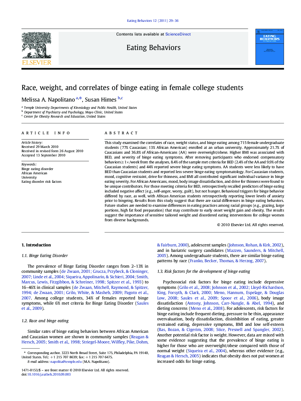 Race, weight, and correlates of binge eating in female college students