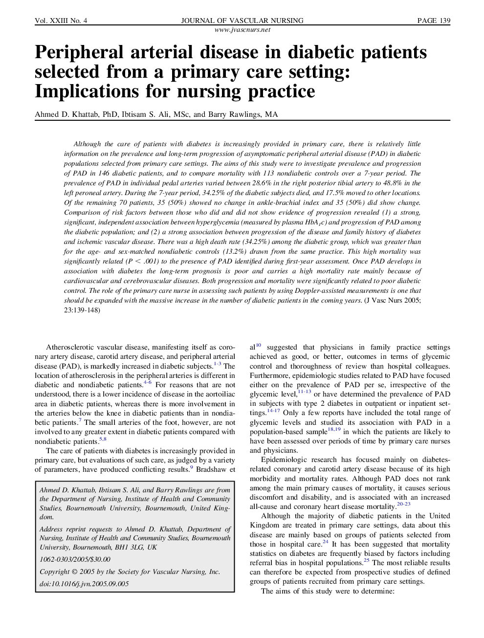 Peripheral arterial disease in diabetic patients selected from a primary care setting: Implications for nursing practice