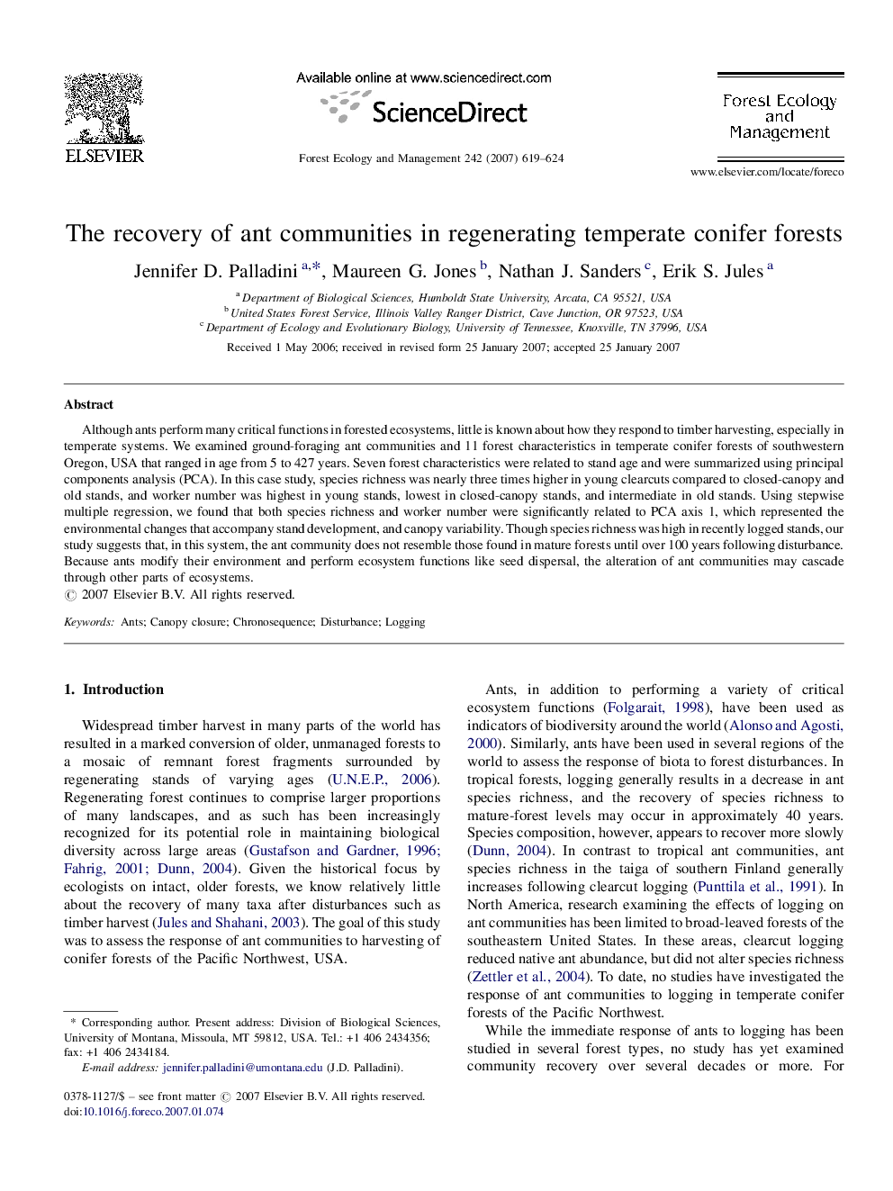 The recovery of ant communities in regenerating temperate conifer forests