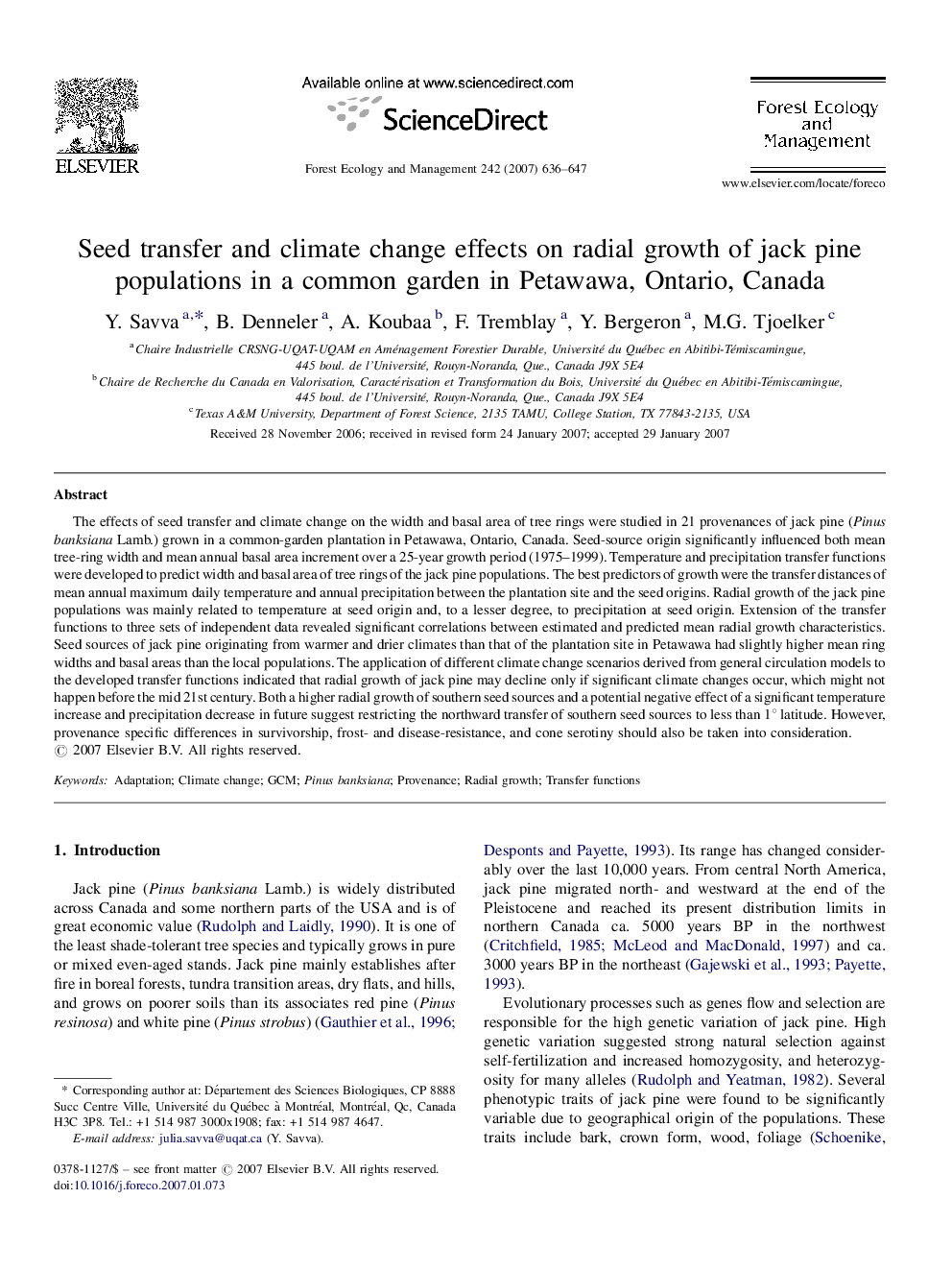 Seed transfer and climate change effects on radial growth of jack pine populations in a common garden in Petawawa, Ontario, Canada