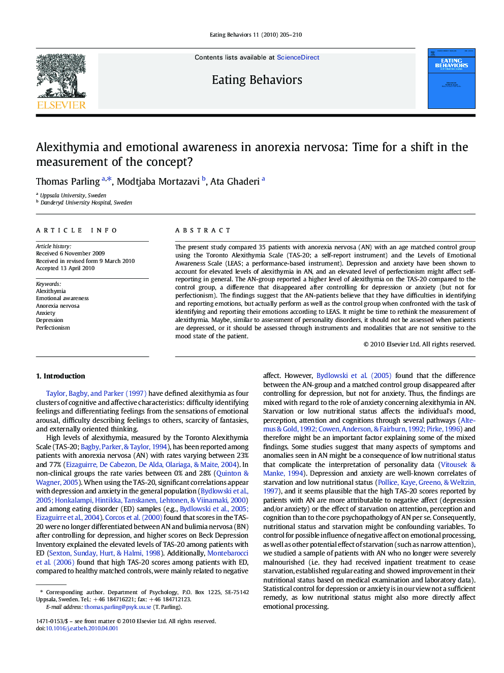 Alexithymia and emotional awareness in anorexia nervosa: Time for a shift in the measurement of the concept?