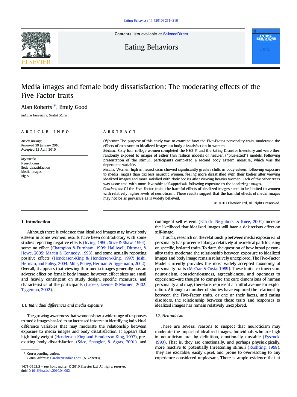 Media images and female body dissatisfaction: The moderating effects of the Five-Factor traits