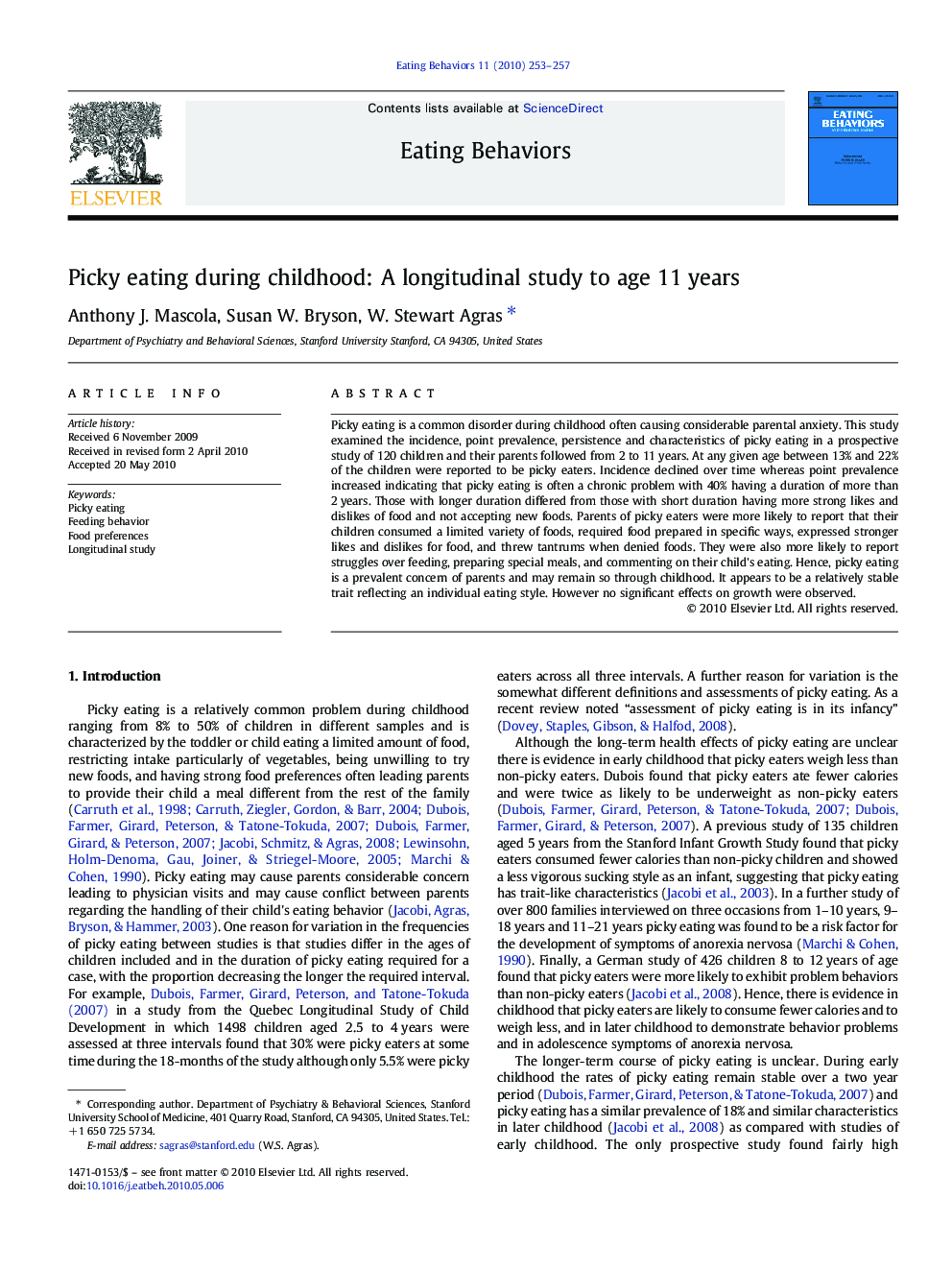 Picky eating during childhood: A longitudinal study to age 11 years