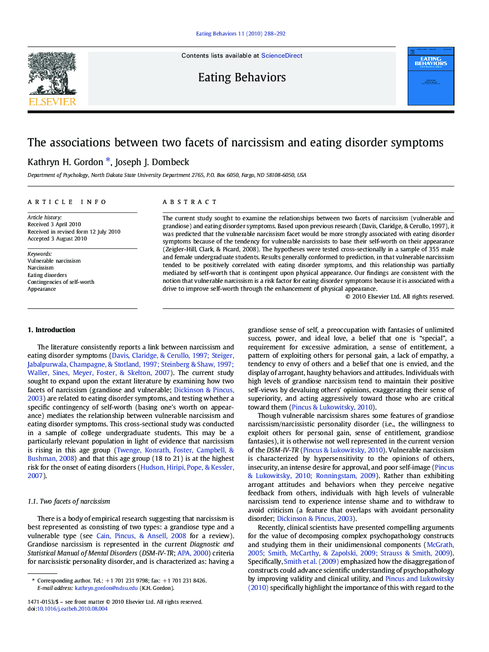 The associations between two facets of narcissism and eating disorder symptoms