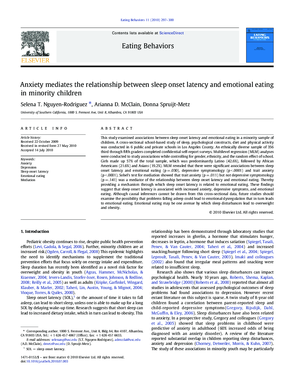 Anxiety mediates the relationship between sleep onset latency and emotional eating in minority children