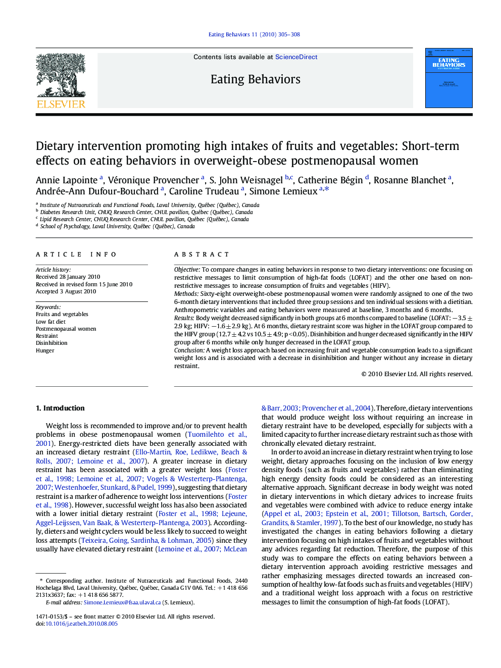 Dietary intervention promoting high intakes of fruits and vegetables: Short-term effects on eating behaviors in overweight-obese postmenopausal women