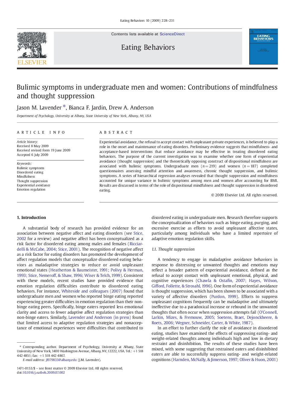 Bulimic symptoms in undergraduate men and women: Contributions of mindfulness and thought suppression