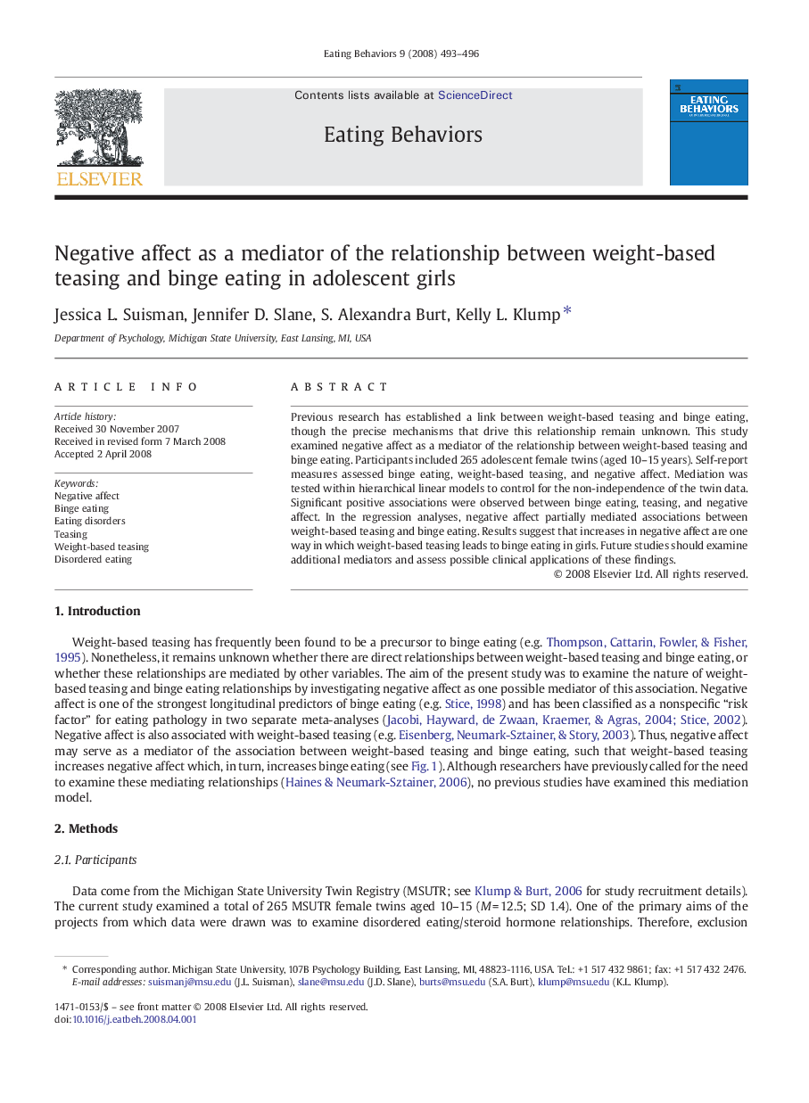 Negative affect as a mediator of the relationship between weight-based teasing and binge eating in adolescent girls