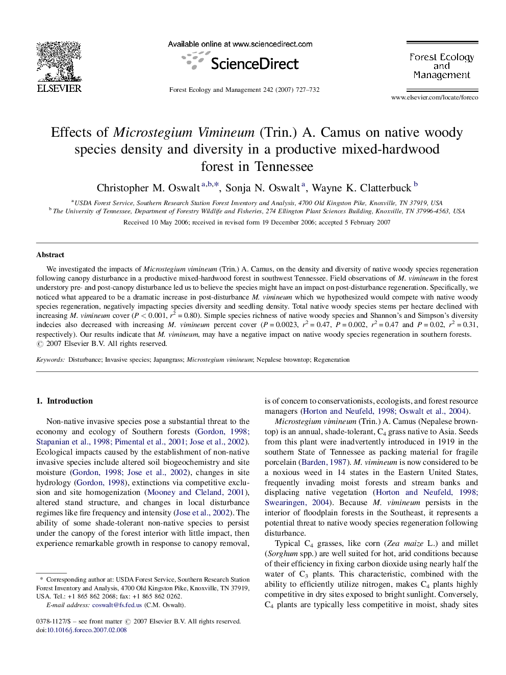 Effects of Microstegium Vimineum (Trin.) A. Camus on native woody species density and diversity in a productive mixed-hardwood forest in Tennessee