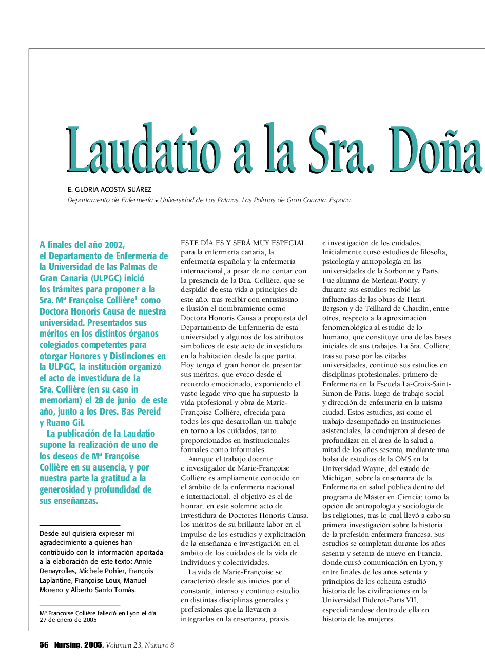 عکس صفحه اول مقاله: Laudatio a la Sra. Doña Marie-Francoise Collière Laudatio a la Sra. Doña Marie-Francoise Collière