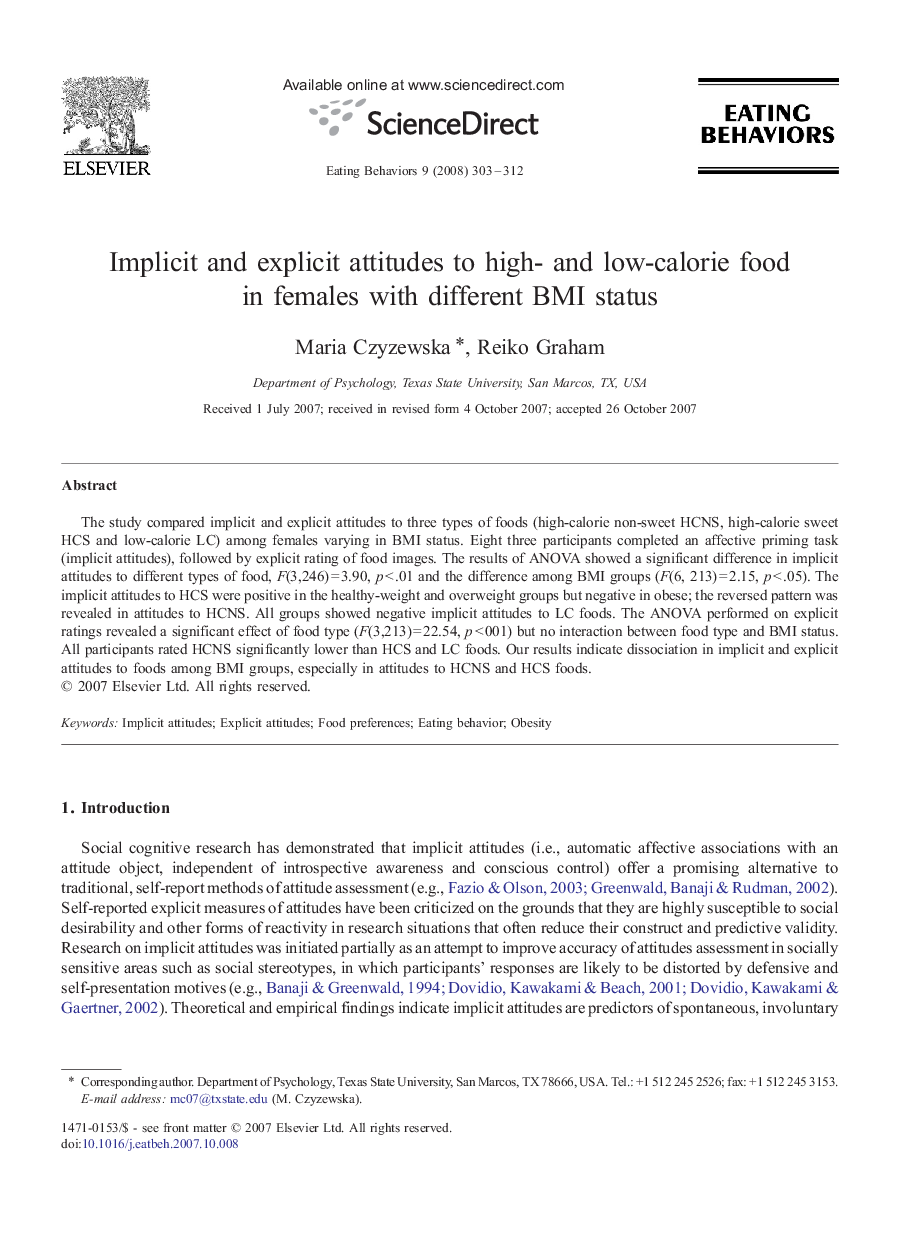 Implicit and explicit attitudes to high- and low-calorie food in females with different BMI status