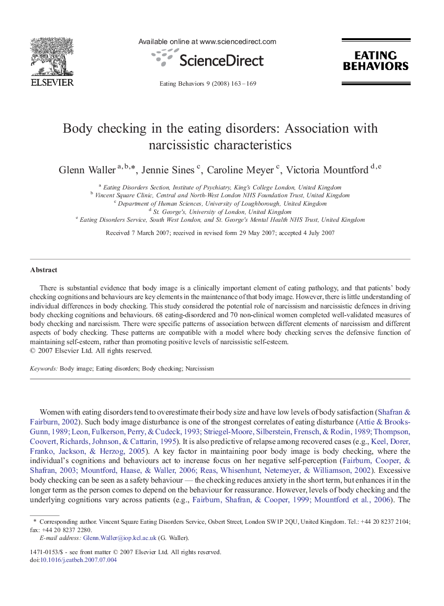 Body checking in the eating disorders: Association with narcissistic characteristics