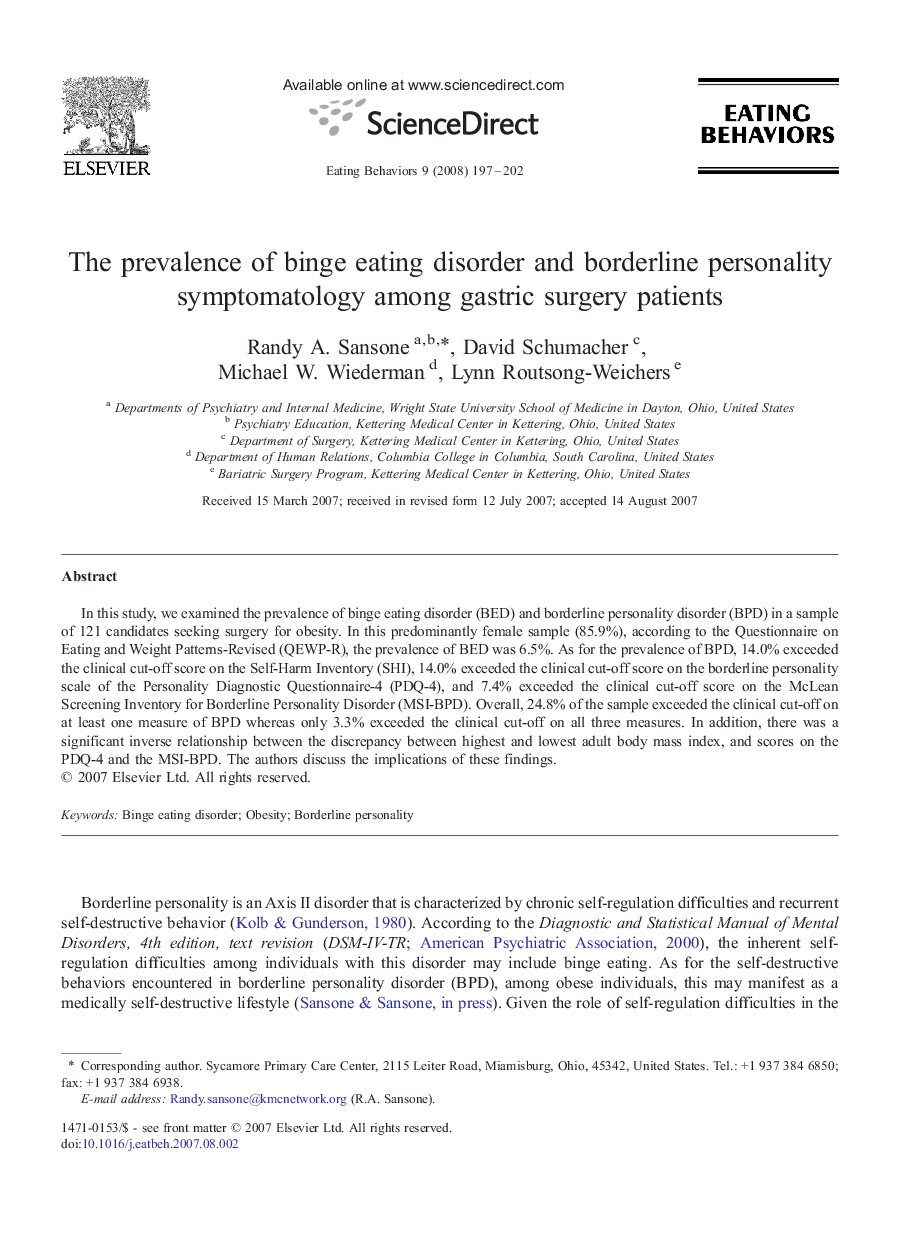 The prevalence of binge eating disorder and borderline personality symptomatology among gastric surgery patients