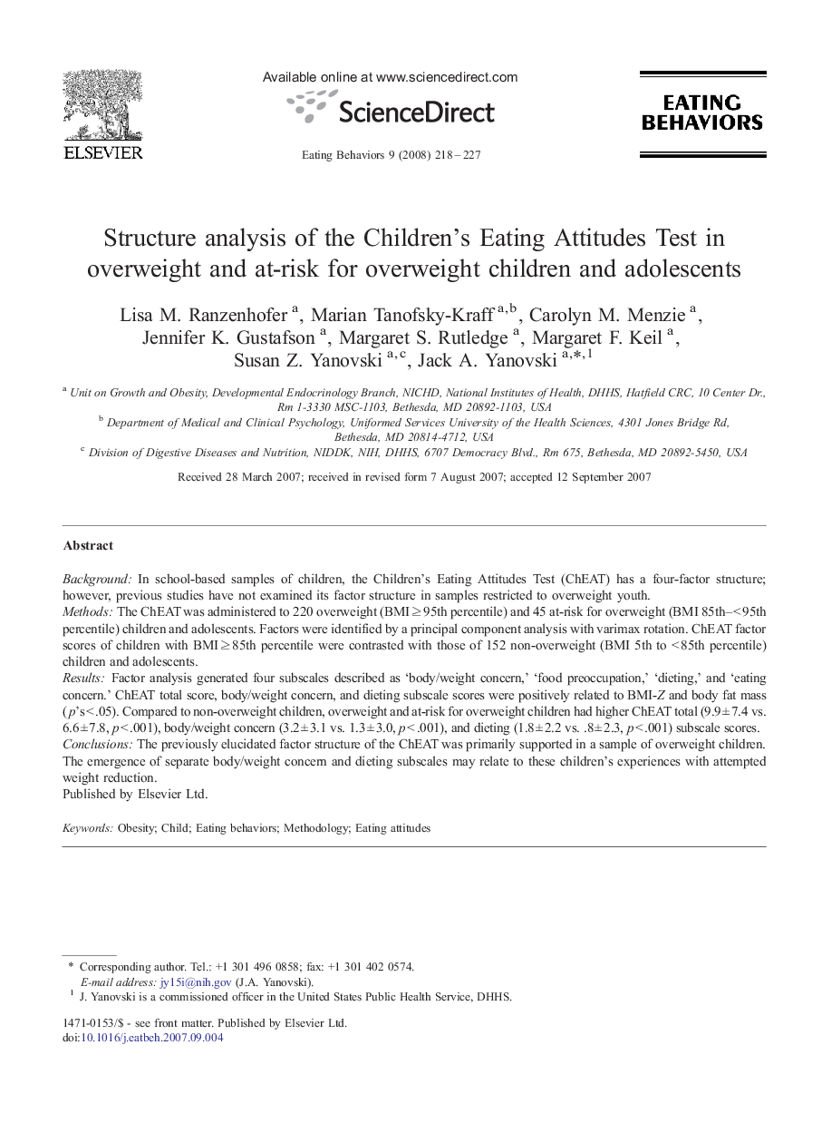 Structure analysis of the Children's Eating Attitudes Test in overweight and at-risk for overweight children and adolescents