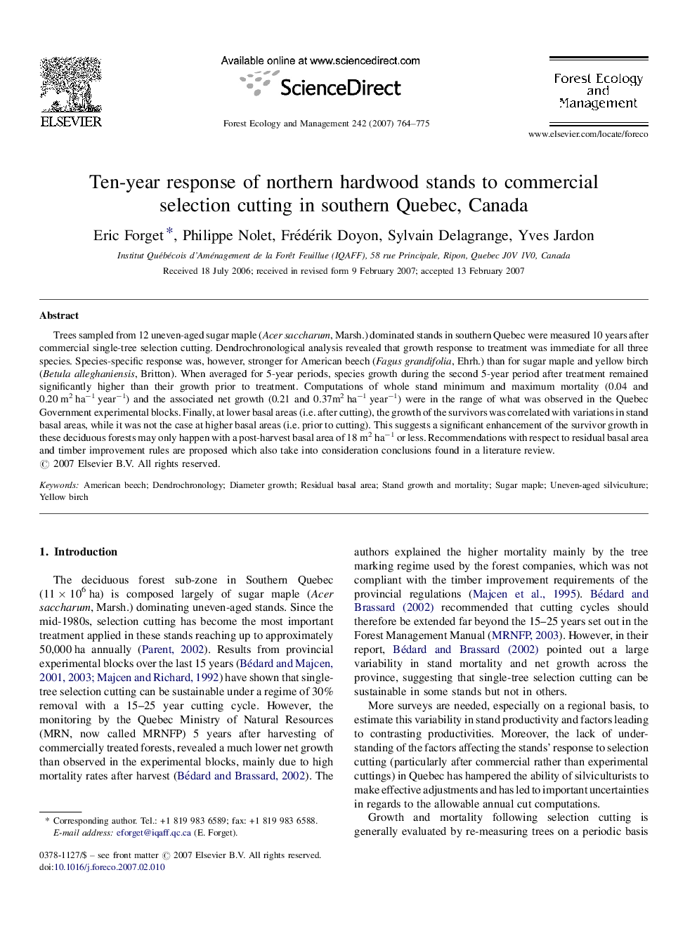 Ten-year response of northern hardwood stands to commercial selection cutting in southern Quebec, Canada