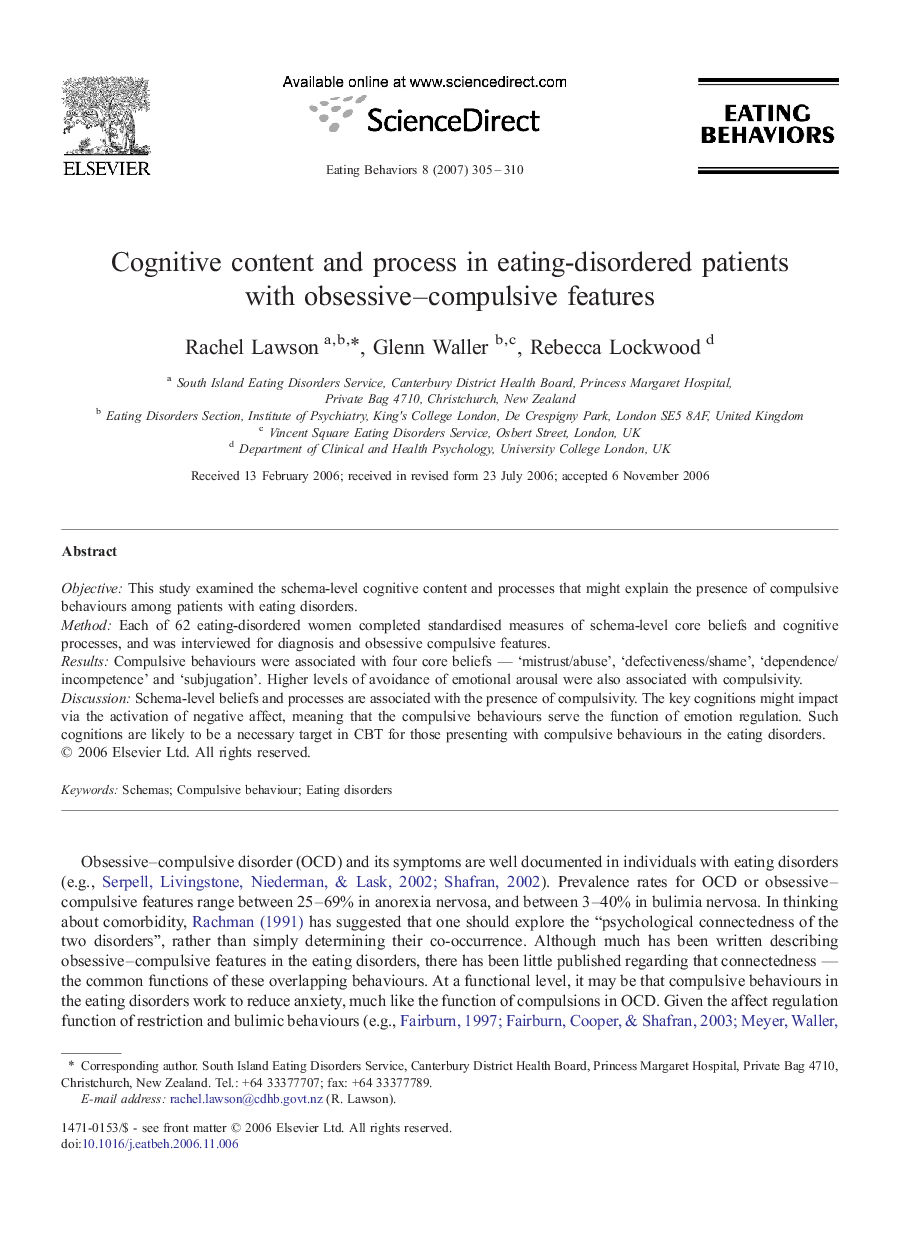 Cognitive content and process in eating-disordered patients with obsessive–compulsive features