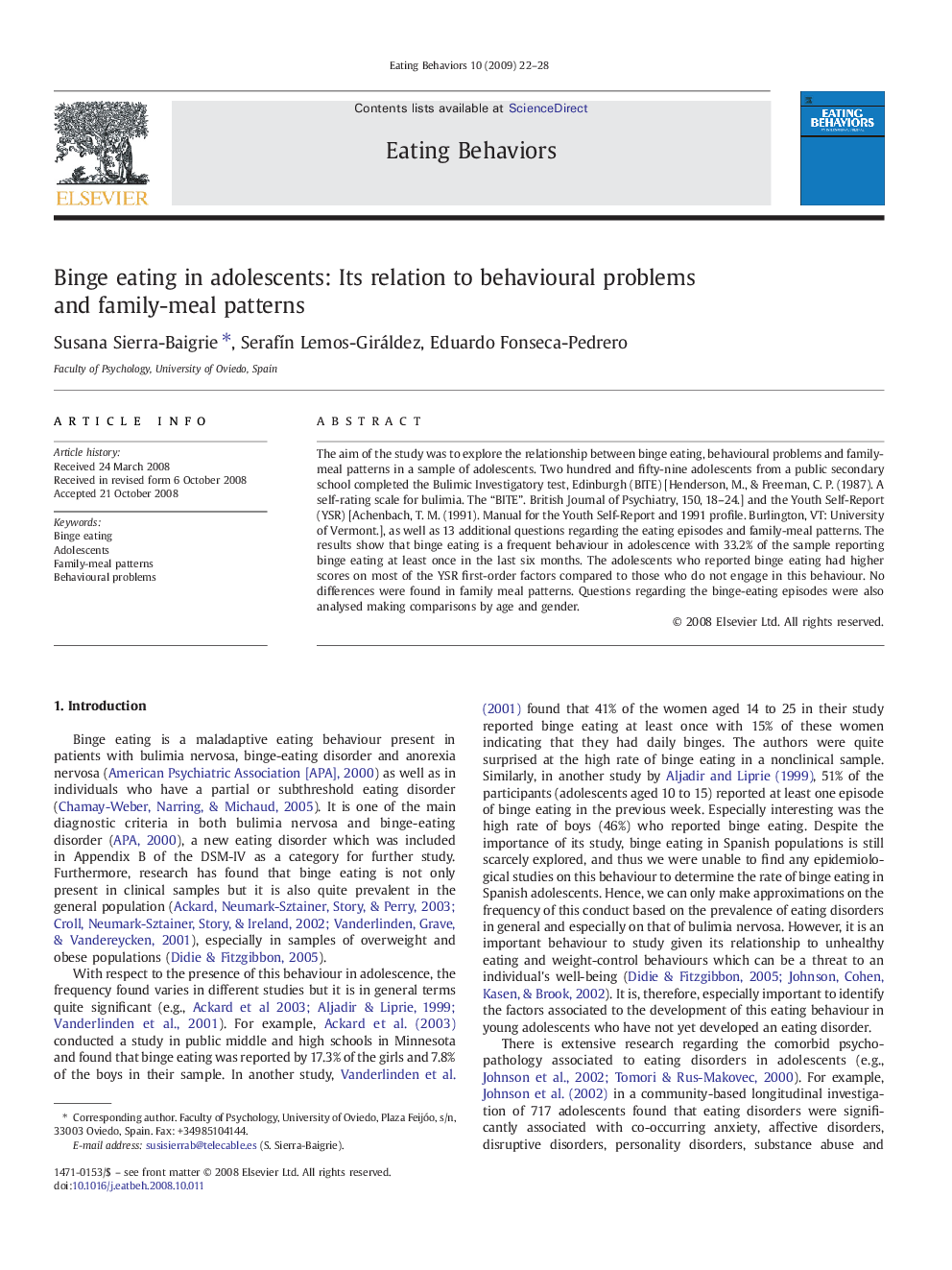 Binge eating in adolescents: Its relation to behavioural problems and family-meal patterns