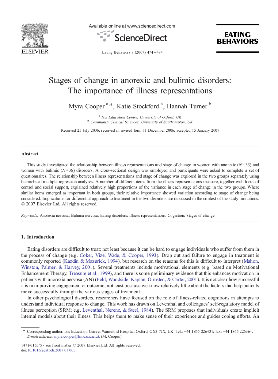 Stages of change in anorexic and bulimic disorders: The importance of illness representations