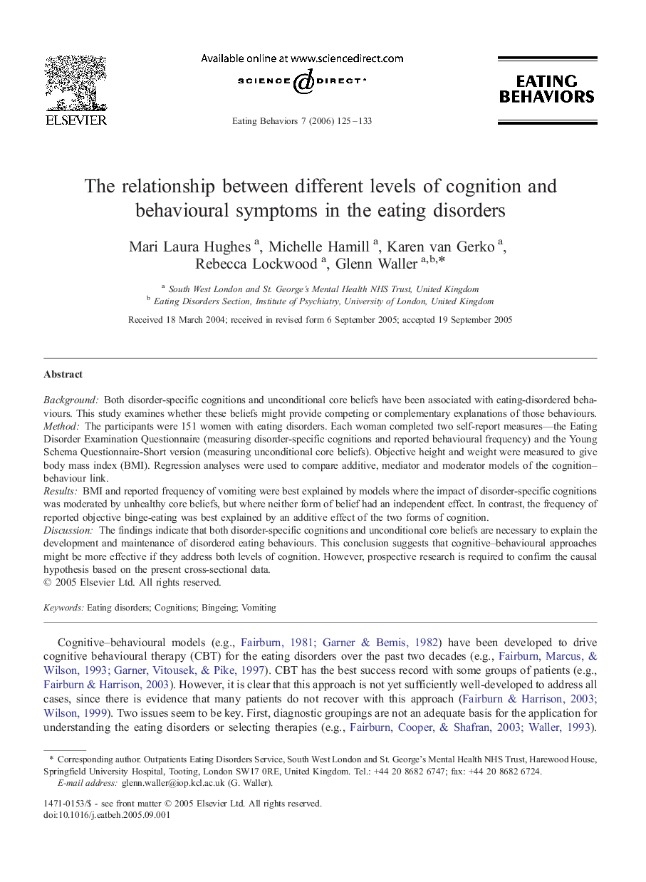 The relationship between different levels of cognition and behavioural symptoms in the eating disorders