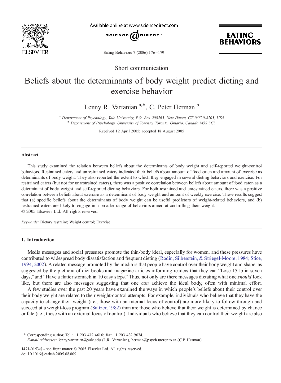 Beliefs about the determinants of body weight predict dieting and exercise behavior