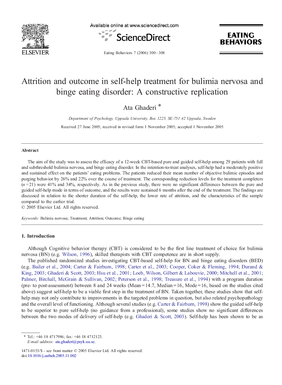 Attrition and outcome in self-help treatment for bulimia nervosa and binge eating disorder: A constructive replication