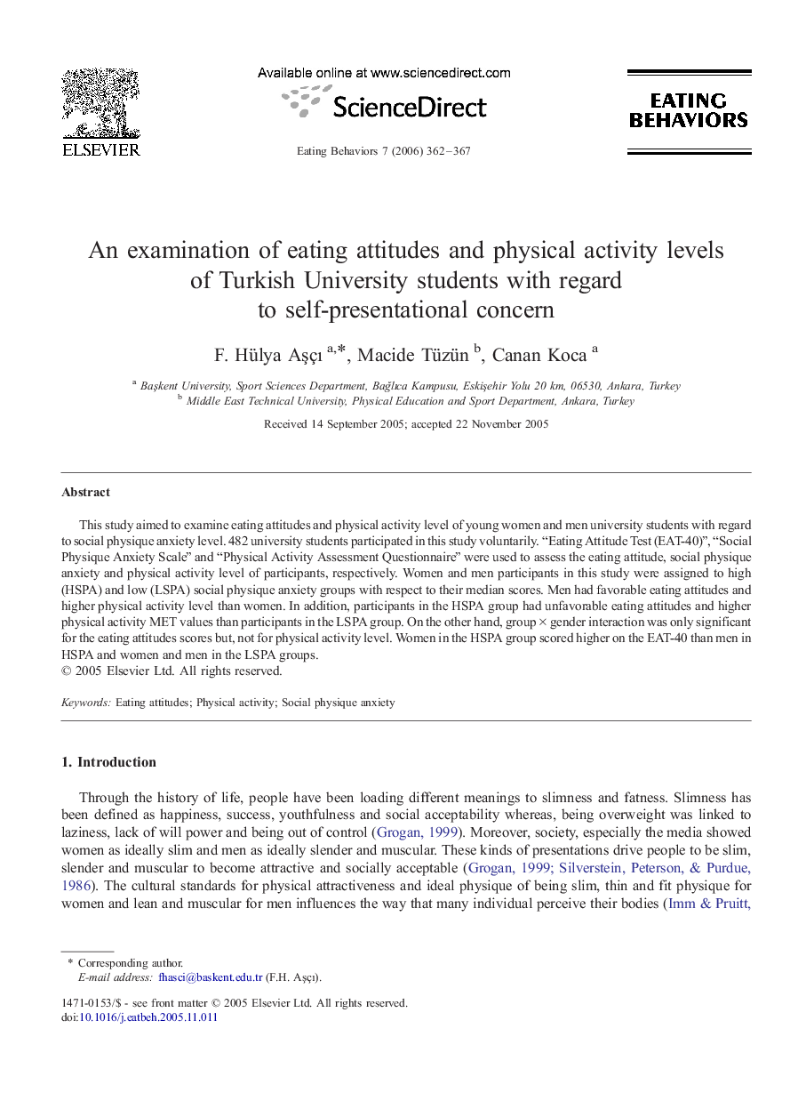 An examination of eating attitudes and physical activity levels of Turkish University students with regard to self-presentational concern